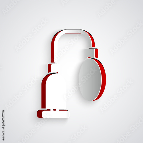 Paper cut Penis pump icon isolated on grey background. Penis enlarger. Sex toy for men. Vacuum pump with a blower to increase the penis. Paper art style. Vector Illustration