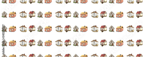 hand drawn watercolor rectangular long pattern of different stone village houses isolated on white background.