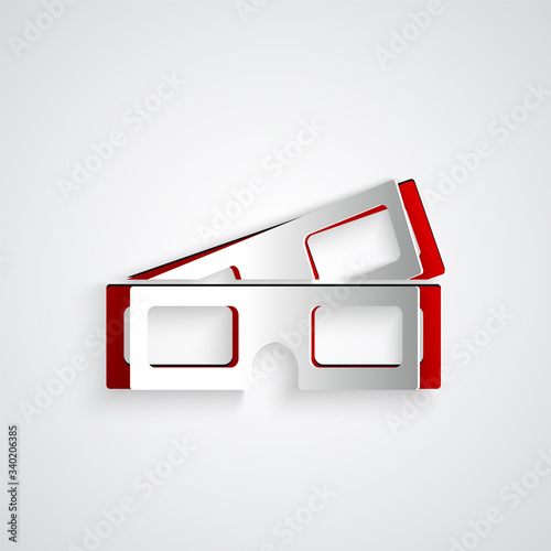 Paper cut 3D cinema glasses icon isolated on grey background. Paper art style. Vector Illustration
