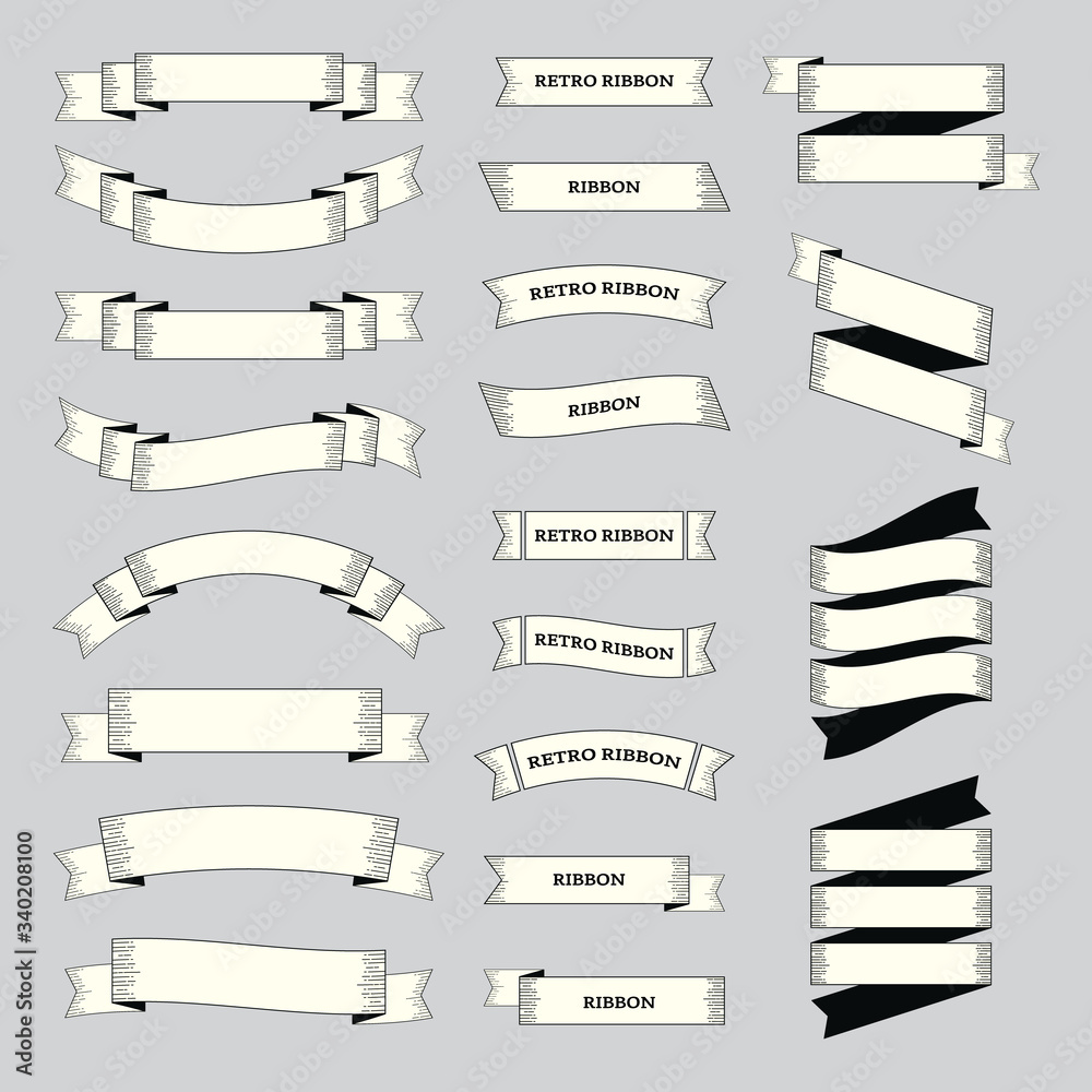 Set of black and white vintage ribbons. Retro ribbon banners vector collection.