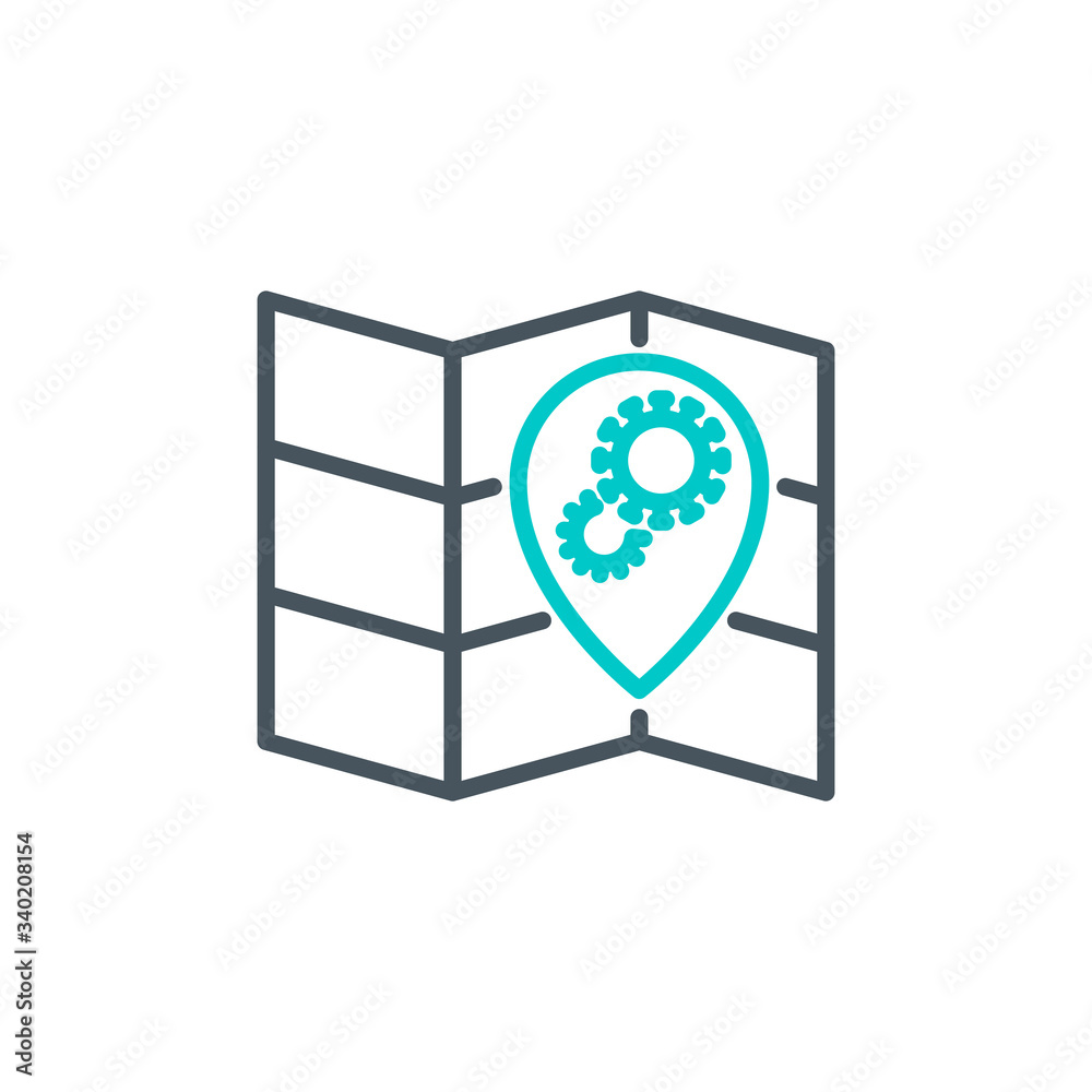 location point coronavirus outbreak on map single line icon isolated on white. Perfect outline symbol Coronavirus Covid 19 pandemic banner. Quality design element with editable Stroke line thickness location point coronavirus outbreak on map single line icon isolated on white. Perfect outline symbol Coronavirus Covid 19 pandemic banner. Quality design element with editable Stroke line thickness