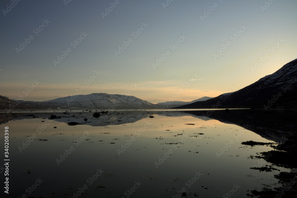 sunset, sky, sun, sunrise, nature, clouds,  landscape, evening, light, sea, cloud, blue beautiful, horizon, red, sunlight, mountain view, ocean tromso tromsø  water travel tourism sea coast nature 