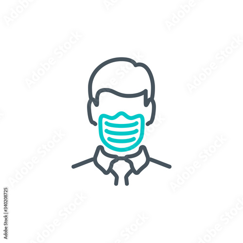head man in medical mask single line icon isolated on white. Perfect outline symbol Coronavirus Covid 19 disease prevention pandemic banner. Quality design element quarantine with editable Stroke