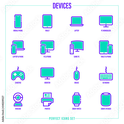 Devices set: smartphone, tablet, laptop, pc monoblock, game pc, gamepad, monitor, mouse, keyboard, webcam, printer, smart watch, smart speaker. Thin line icon. Vector illustration.
