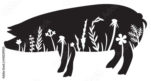 Floral pig (grass silhouette, flowers and plants).