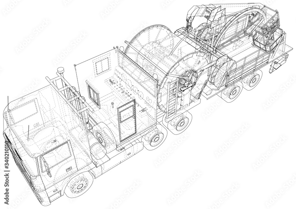 Coiled tubing machine technical wire-frame. EPS10 format. Vector created of 3d.
