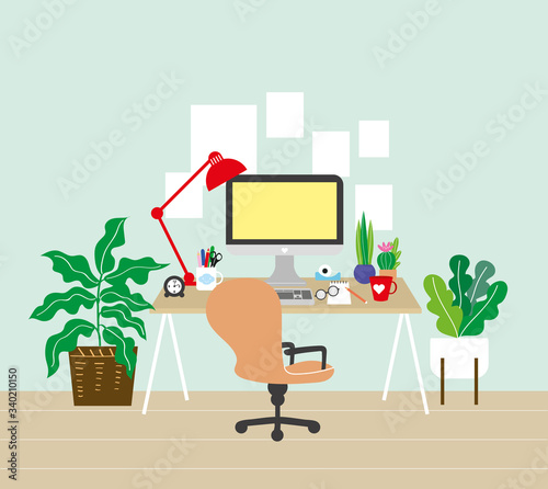 interior workplace home office work from home vector graphic illustration