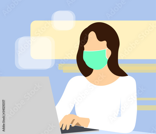 Social distancing Woman employee in surgical face mask working from home using laptop, ESP Flat art illustration during corona virus outbreak concept. COVID-19 virus. People work at home to prevent vi