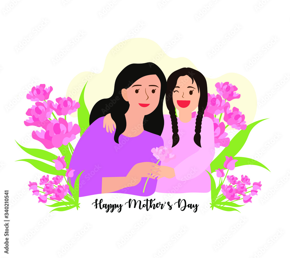 Mothers day greeting card concept. Mom and girl are smiling and hugging. Cartoon people character design happy mothers day child daughter hugging mom and giving her carnation flower as a present. Moth Mothers day greeting card concept. Mom and girl are smiling and hugging. Cartoon people character design happy mothers day child daughter hugging mom and giving her carnation flower as a present. Moth
