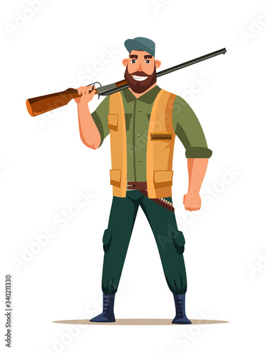 Hunter character with rifle isolated on white
