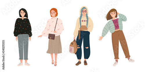 Set of stylish fashionable young women dressed in trendy clothes. Fashion girl model and trendsetters. Collection of casual and formal outfits. Go shopping. Flat cartoon colorful vector illustration.