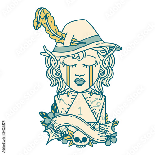 crying elf bard character face with natural one d20 dice roll illustration