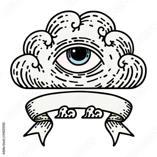 tattoo with banner of an all seeing eye cloud