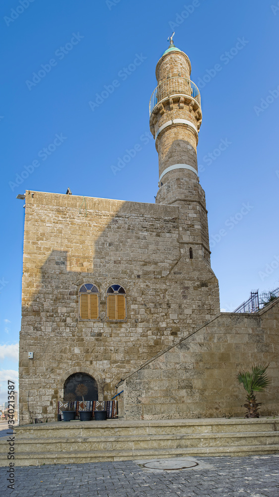 al-Bahr Mosque or Masjid al-Bahr (Arabic: مسجد البحر‎, Misgad HaYam (Hebrew: מסגד הי)meaning The Sea Mosque, oldest extant mosque in Jaffa, Israel,Mediterranean Sea. Panorama Tel Aviv