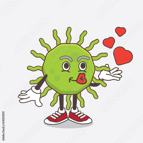 Green Virus cartoon mascot character teasing with heart kiss