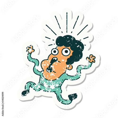 grunge sticker of tattoo style frightened man