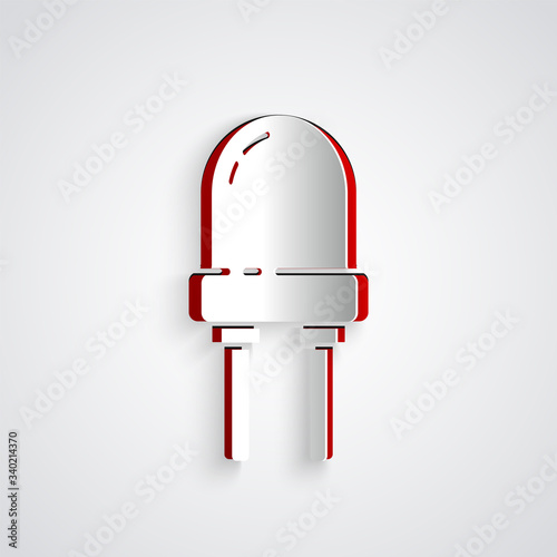 Paper cut Light emitting diode icon isolated on grey background. Semiconductor diode electrical component. Paper art style. Vector Illustration