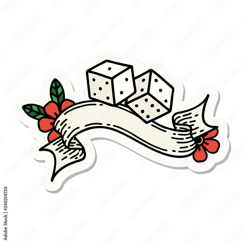 tattoo sticker with banner of lucky dice tattoo sticker with banner of lucky dice