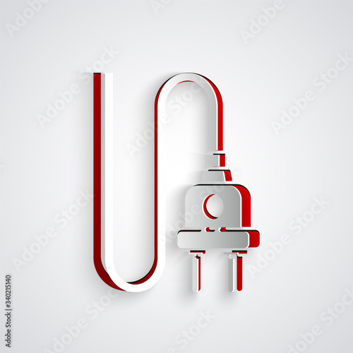 Paper cut Electric plug icon isolated on grey background. Concept of connection and disconnection of the electricity. Paper art style. Vector Illustration