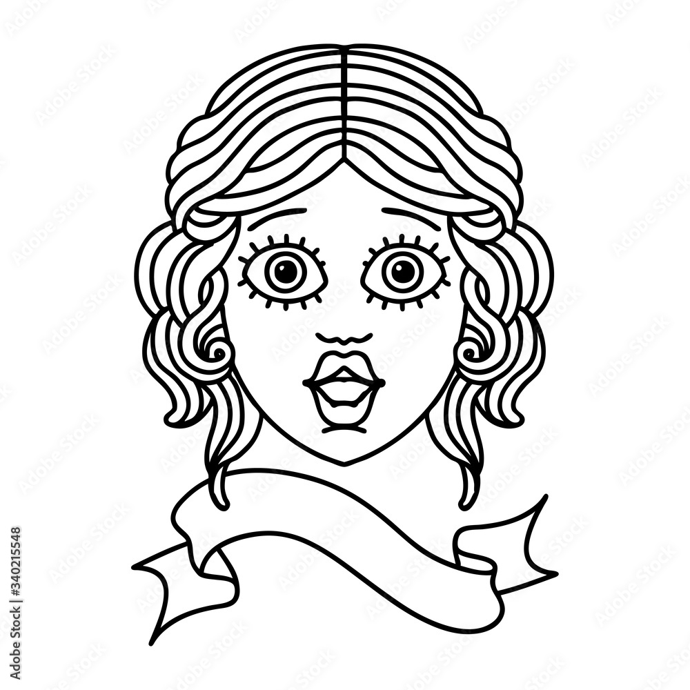black linework tattoo with banner of female face black linework tattoo with banner of female face