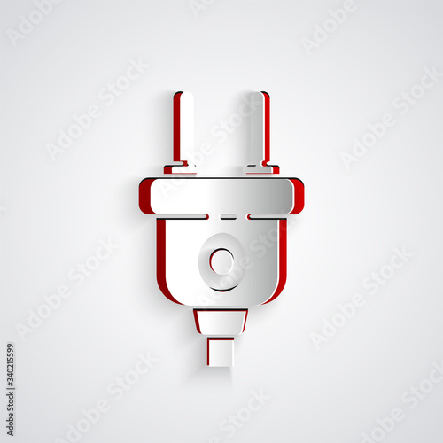 Paper cut Electric plug icon isolated on grey background. Concept of connection and disconnection of the electricity. Paper art style. Vector Illustration