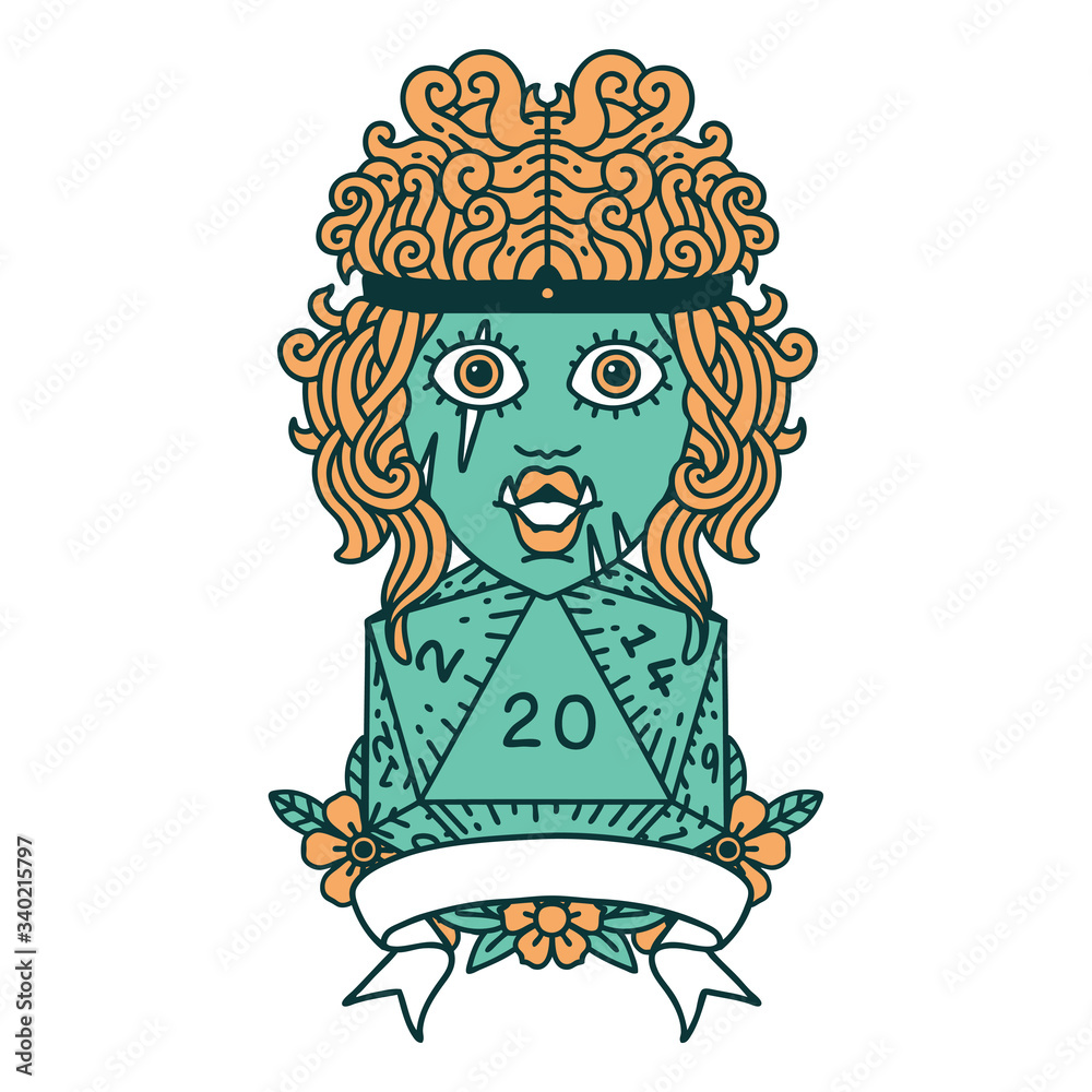 half orc barbarian character with natural 20 dice roll illustration half orc barbarian character with natural 20 dice roll illustration