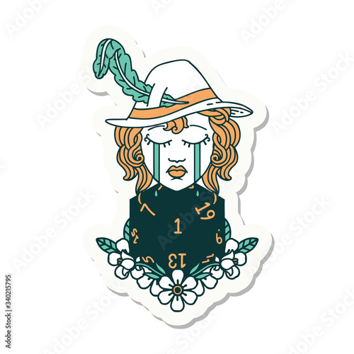 crying human bard with natural one D20 dice roll sticker