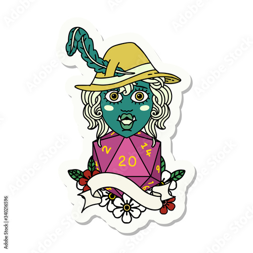 singing half orc bard character with natural twenty dice roll sticker