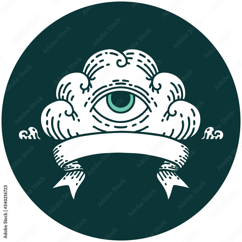 Naklejka premium icon with banner of an all seeing eye cloud