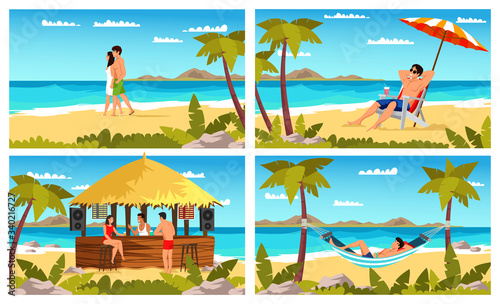 Vacation on tropic island people scene cutout set. Man woman rest on summer beach. Male female characters lying hammock, on deck chair, freshening up at bar, walking on seaside. Vector illustration. photo