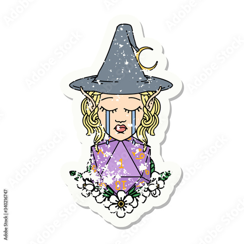 crying elf witch with natural one D20 roll grunge sticker