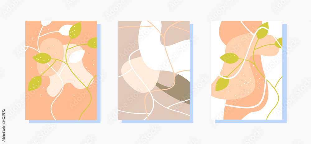 Set of stylish templates with modern abstract shapes in pastel colors. Leaves nature