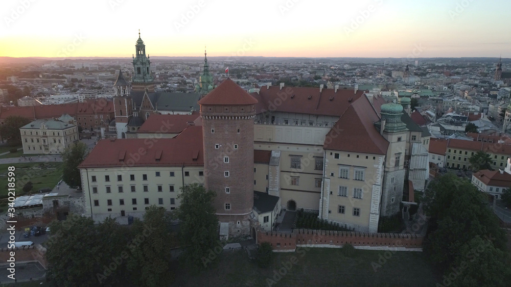 Obraz premium Aerial view. Sunset. Wawel Castle in the historic center of Krakow, Poland.