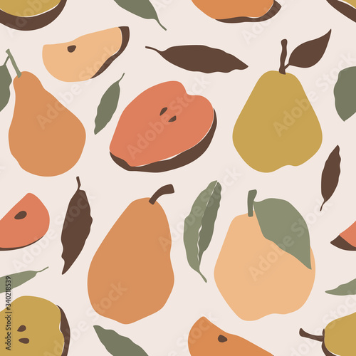 Pear seamless pattern with hand-drawn flat fruit icons on light background. Nature fruit wallpaper texture. Food wrapping endless decorative illustration.