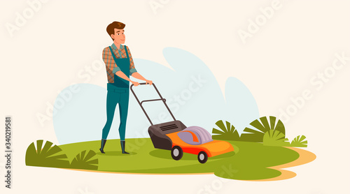 Young man mowing lawn flat vector illustration