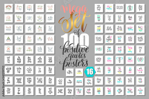 mega set of 100 positive quotes posters, motivational and inspirational phrases isolated to print, typography slogans
