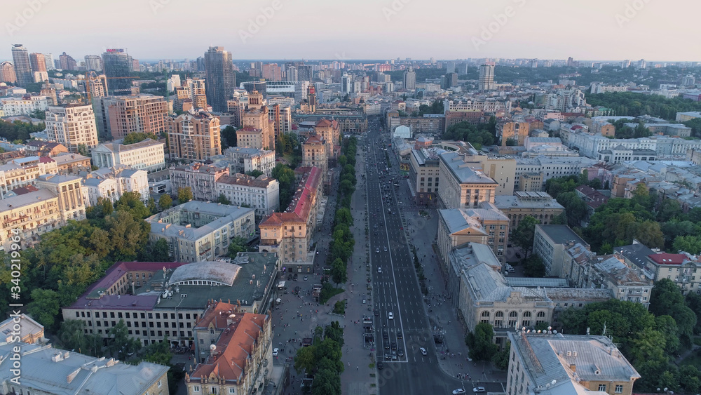 Aerial view. Flying above city center. Kyiv, Ukraine. 4K