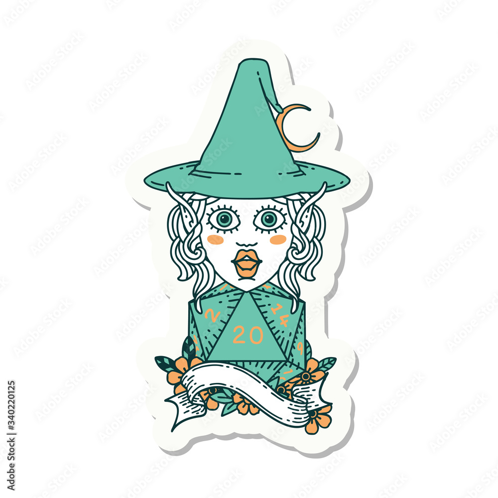 elf mage character with natural twenty dice roll sticker