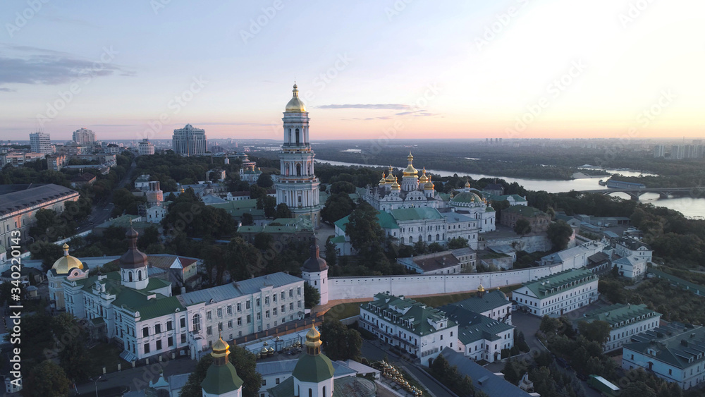 Aerial picture. Kiev Pechersk Lavra, Orthodoxy church, monastery and museum. Sunrise.