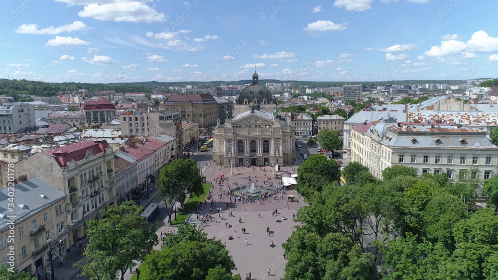 Aerial view of Lviv opera and ballet theatre. Lviv city center. Ukraine.