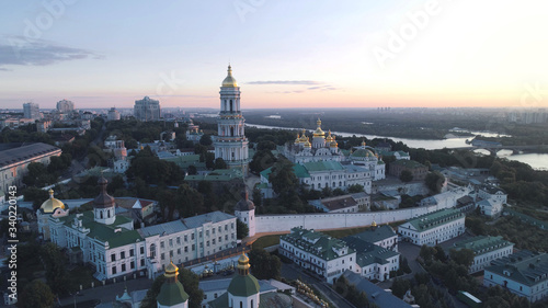 Aerial picture. Kiev Pechersk Lavra, Orthodoxy church, monastery and museum. Sunrise.