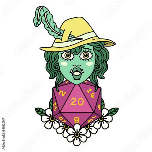half orc bard with natural twenty dice roll  illustration