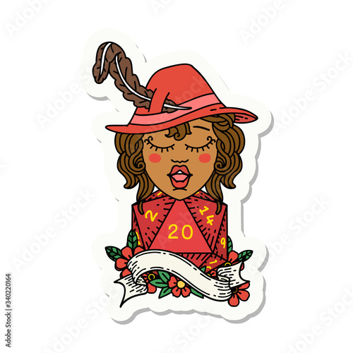 human bard with natural 20 dice roll sticker