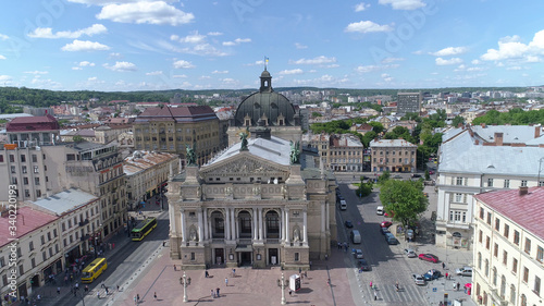 Aerial view of Lviv opera and ballet theatre. Lviv city center. Ukraine.