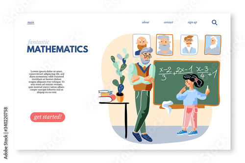 Mathematics subject flat vector sitepage template. Little girl and old teacher in classroom cartoon characters. Elementary grade, school education. Schoolgirl solving equation