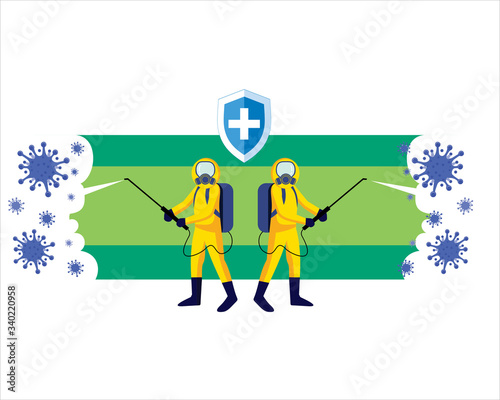 Man in hazmat of disinfection spraying worker to eradicate corona virus covid 19 .cure coronavirus. people Fight, Defeat, Protect virus concept. corona viruses vaccine concept. end of 2019-ncov