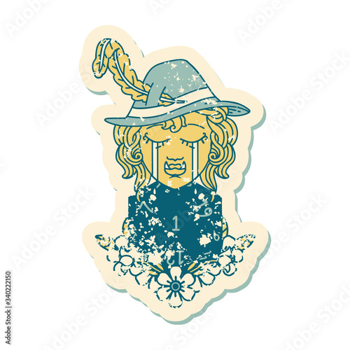 sad half orc bard character with natural one d20 roll illustration