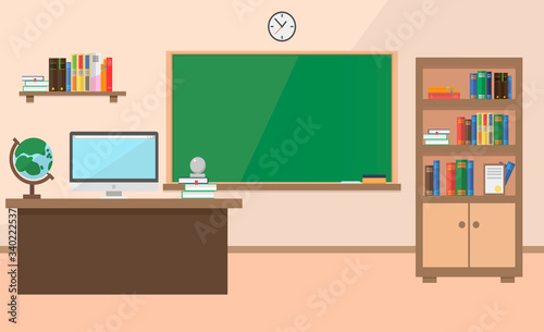 Fototapeta Naklejka Na Ścianę i Meble -  Back to school. New Classroom school in vector flat style. A classroom with a teacher's desk, a school board and a bookcase with books.