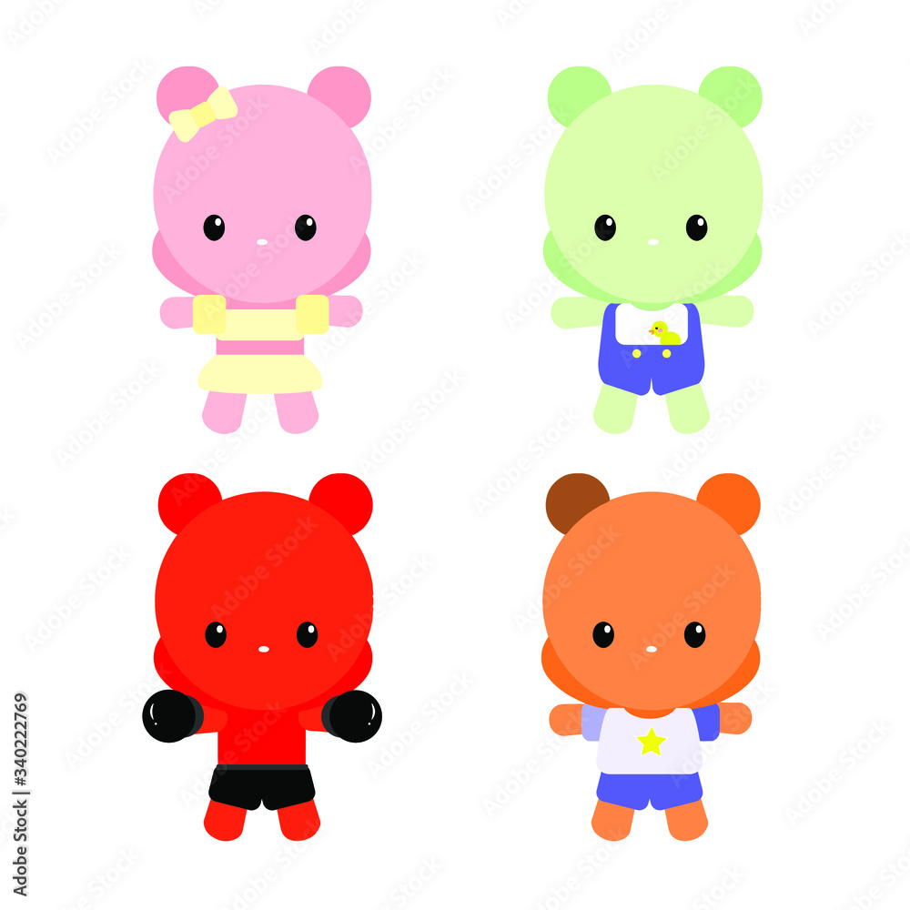 Cute colorful kawaii little baby bear vector set. Cartoon mascot character ilustration