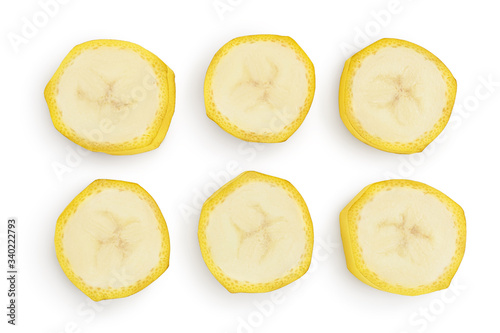 banana pieces isolated on white background with clipping path and full depth of field. Top view. Flat lay. Set or collection